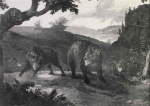 Bears With Wild Boar In A Landscape by Johann Elias Ridinger or Riedinger