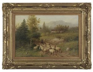 The Shepherd And His Flock Of Sheep by George Riecke