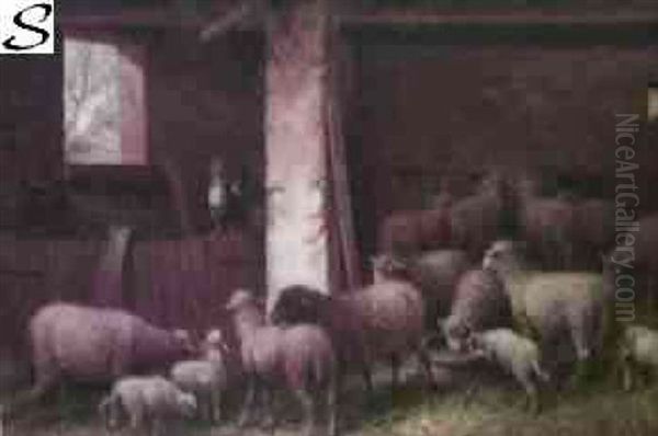 Barn Interior With Sheep And Rooster - view 1