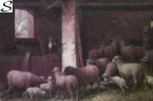Barn Interior With Sheep And Rooster by George Riecke