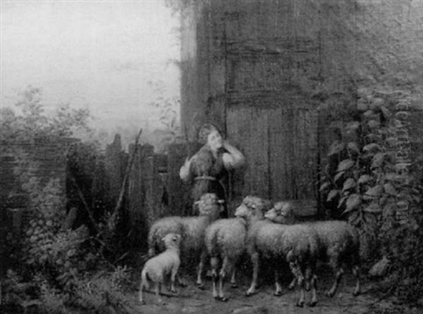 Morning Barnyard Scene With Young Girl And Sheep - view 1