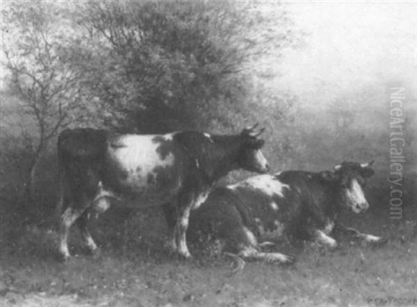 Two Cows Resting In A Landscape - view 1