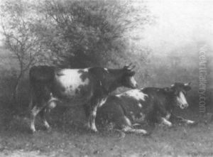 Two Cows Resting In A Landscape by Johann George Lodewyk Riecke