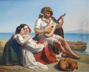 A Musician And Two Women Seated On The Shores Of The Neapolitan Coast by August Riedel