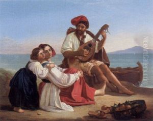 Neapolitanische Fischerfamilie Am Meeresufer, Dem Mandolinenspiel Des Vaters Lauschend