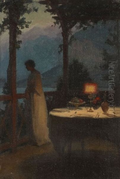 Jeune Femme Pensive Sur Une Terrasse Au Clair De Lune - view 1