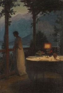 Jeune Femme Pensive Sur Une Terrasse Au Clair De Lune by Marcel Rieder