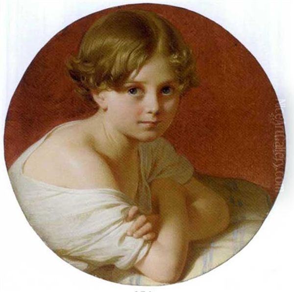 A Child With Arms Crossed Leaning On A Cream And Blue Striped Cushion, In Loose White Dress, Red Curtain Background - view 1