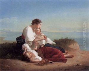 Italienerin Mit Schlafenden Kindern Am Meeresufer by August Riedl