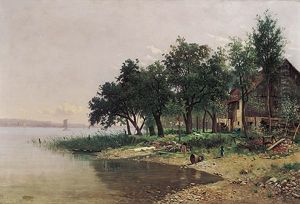 Idyll Am Bodensee Mit Malerischem Gehoft Und Blick Uber Den See An Einem Sonnigen Sommertag by Franz Xaver Von Riedmuller