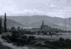 Landschaft Mit Figurenstaffage Und Einer Kleinen Stadt Im Hintergrund by Franz Xaver Von Riedmuller