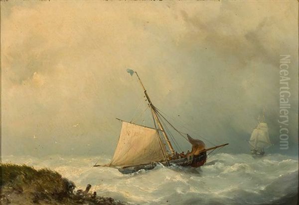 Sturmische Marine Mit Zwei Segelschiffen In Ufernahe - view 1