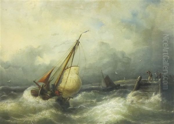 Fishing Vessels Off A Harbour Wall In A Storm, Possibly At Texel - view 1