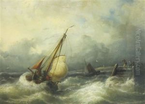 Fishing Vessels Off A Harbour Wall In A Storm, Possibly At Texel by Nicolaas Riegen