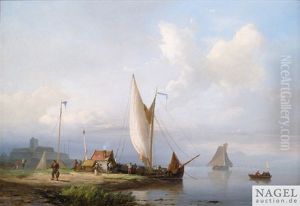 Hollandische Flusslandschaft Mit Segelbooten Und Fischern An Einer Hutte