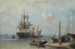 A Moored Three-master Near The Dutch Coast by Nicolaas Riegen