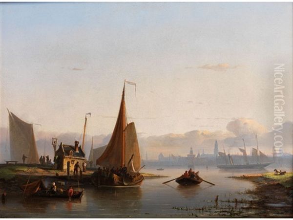 Flusslandschaft Mit Booten, Figuren Und Stadt Im Hintergrund - view 1