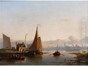 Flusslandschaft Mit Booten, Figuren Und Stadt Im Hintergrund
