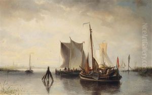 A River Landscape With Vessels In An Estuary by Nicolaas Riegen