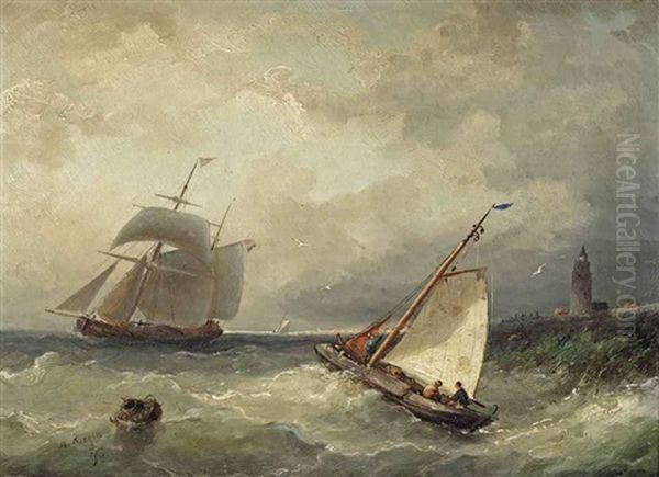 A Stiff Breeze With A Flatboat And A Two-master Near The Dutch Coast - view 1
