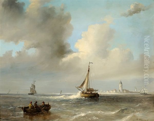 Men In A Barge And Sailing Boats Off A Coast - view 1