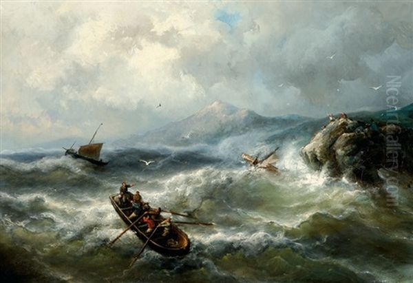 Men In A Barge And Shipwrecked People On A Rock Off A Coast - view 1