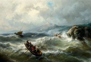 Men In A Barge And Shipwrecked People On A Rock Off A Coast