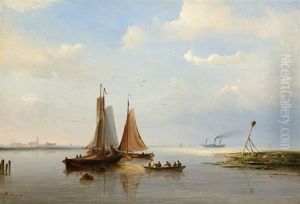 Three Boats By A River Mouth by Nicolaas Riegen