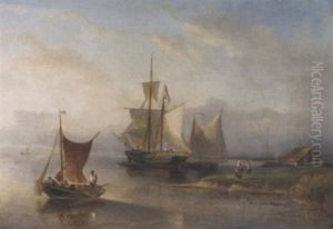 A Calm: Sailing Vessels In A River Estuary by Nicolaas Riegen