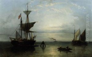 Barges Moored In A Calm: A Steamship In The Distance by Nicolaas Riegen