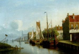 Sailing Vessels Along A Quay, A Church Towering In The Distance
