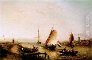 A River Scene With Shipping And Figures In The Foreground by Nicolaas Riegen