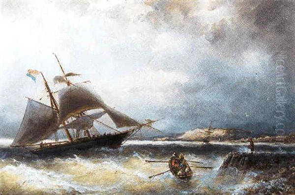 Doorbrekende Zon Hollands Zeilschip En Een Roeiboot Bij De Kust - view 1