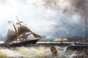 Doorbrekende Zon Hollands Zeilschip En Een Roeiboot Bij De Kust