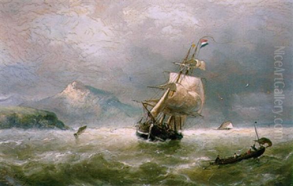 Zeilschepen Op Woeste Zee Nabij De Kust - view 1