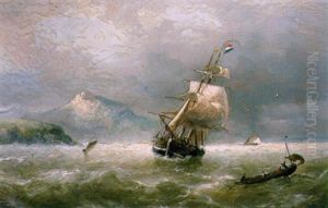 Zeilschepen Op Woeste Zee Nabij De Kust by Nicolaas Riegen