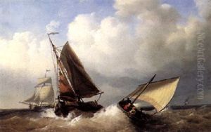 Sailing Vessels Near The Shore by Nicolaas Riegen