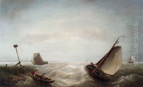 A Fishing Boat At Full Sail And Sailors In A Rowing Boat Off The Coast - view 1
