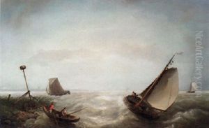 A Fishing Boat At Full Sail And Sailors In A Rowing Boat Off The Coast by Nicolaas Riegen