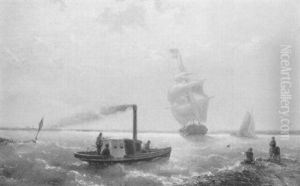 Segelschiff Und Dampfschiff In Der Nahe Einer Kuste