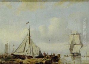 Marine Med Fiskere Ved Deres Bade Pa Stranden by Nicolaas Riegen