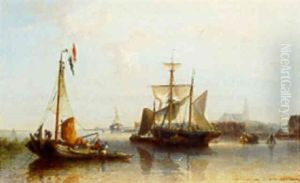 Moored Shipping In The Harbor Of A Town by Nicolaas Riegen