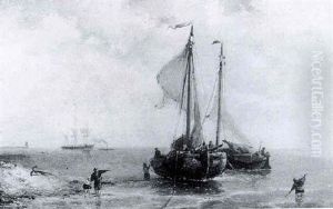 Moored Fishingboats Near The Coast by Nicolaas Riegen