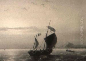 A Coastal Scene With A Fishing Boat, Figures In A Row-boat In The Distance
