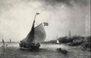 A Fishing Boat And Other Boating In A River Estuary by Nicolaas Riegen