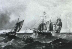 Dutch Sailing Ships In Rough Seas by Nicolaas Riegen