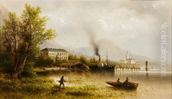 Seenlandschaft Mit Raddampfer Am Ufer Und Blick Auf Kirchdorf - view 1