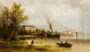 Seenlandschaft Mit Raddampfer Am Ufer Und Blick Auf Kirchdorf