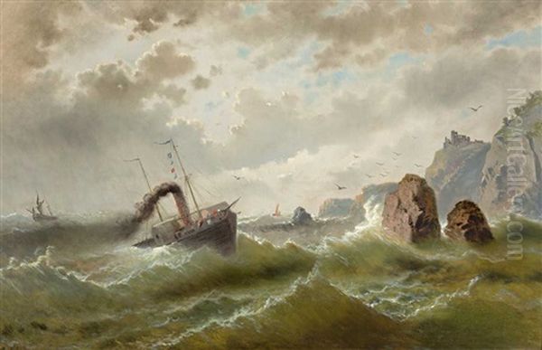 Segelboote Und Raddampfer In Sturmischer See Vor Schroffer Felsenkuste - view 1