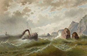 Segelboote Und Raddampfer In Sturmischer See Vor Schroffer Felsenkuste by Albert Rieger